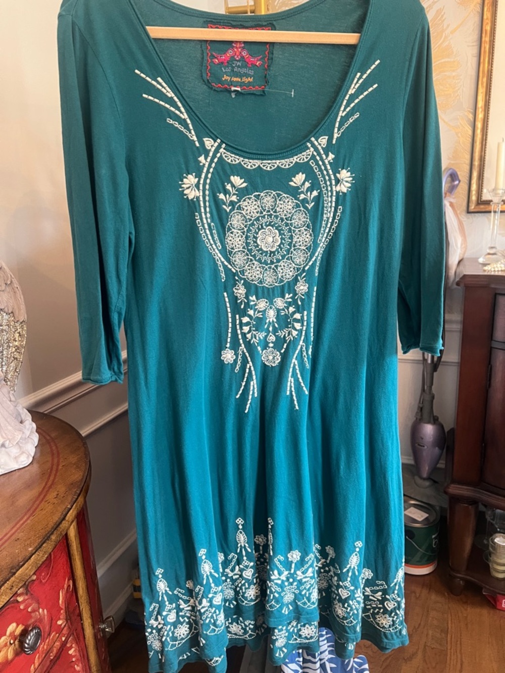 Johnny Was Teal Embroidered Scoop-Neck Floral Tunic Dress